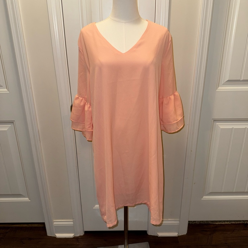 Peach V-Neck Ruffle Sleeve Dress